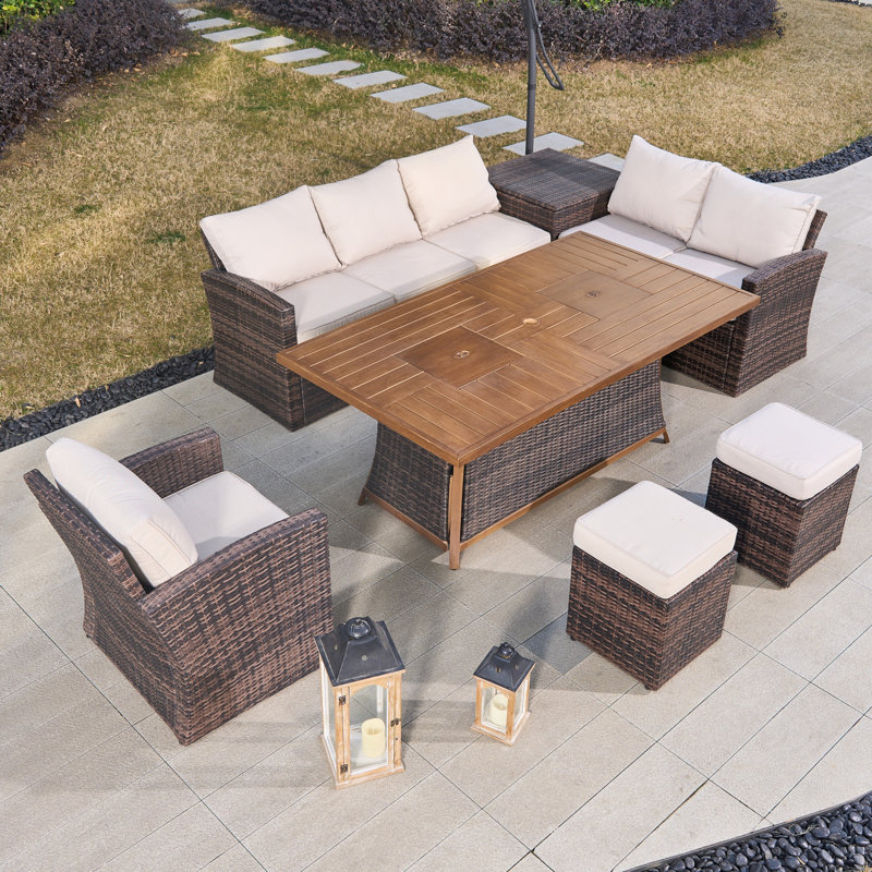 8 - Person Patio Dining Set with Rectangular Table , Cushions Included, Brown