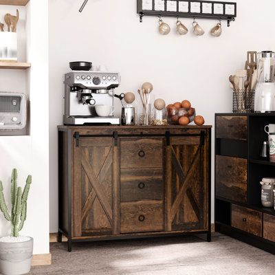 Rustic Buffet Cabinet - Industrial Design With Sliding Barn Doors, 3 Drawers & Adjustable Shelves For Living/Dining Area Brown , Three And Living Dining
