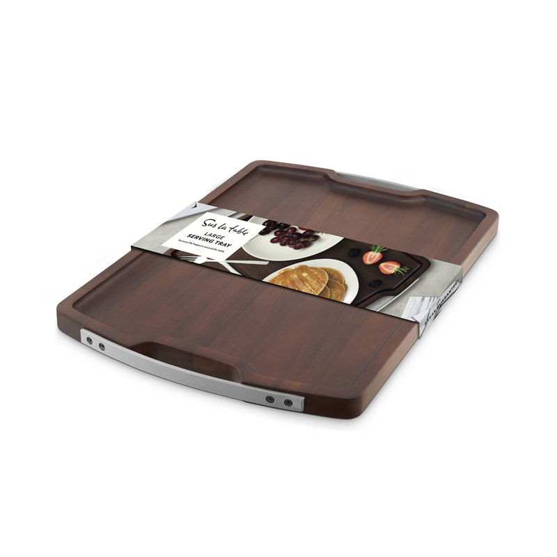 Sur La Table Core Rectangular Serving Tray, Made from Strong Acacia Wood, Brushed Nickel Handles, Walnut Colour
