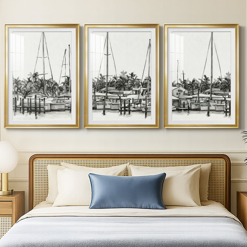 «Neutral Tropics I», reproduction encadrée sur mesure de qualité supérieure mate - 3 pièces, H 21 po x l 30 po, Doré