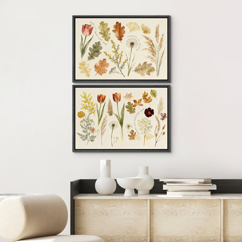 «Botanical Autumn Leaves and Flowers Illustration», reproduction d'art sur toile encadrée 2 pièces, Cadre flottant noir