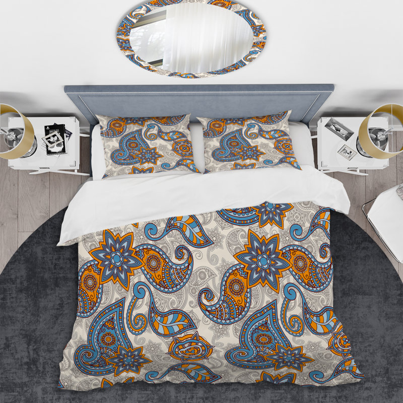 Bleu floral cachemire - ensemble de housse de couette abstrait - microfibre de polyester