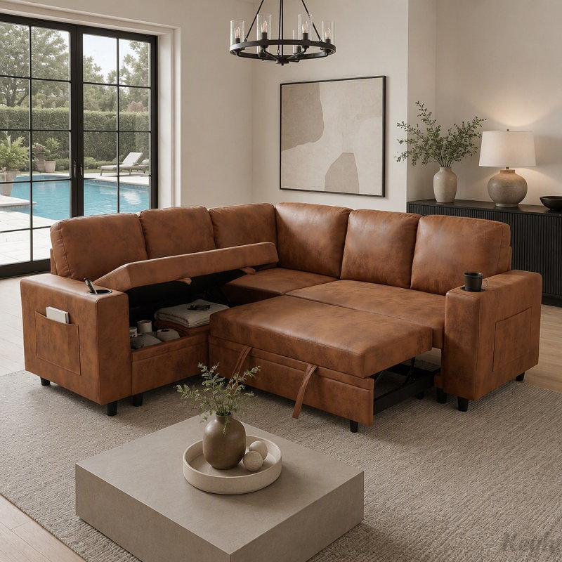 L-Shaped Sectional Sofa Bed with Storage and Pull-Out Sleeper, Light Brown Foil Fabric