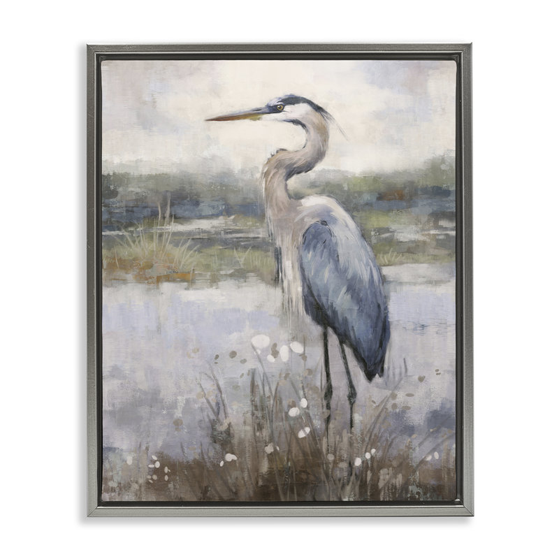 «Coastal Heron on Riverbank Floater» par Nina Blue, Cadre flottant gris lustré, H 31 po x l 25 po