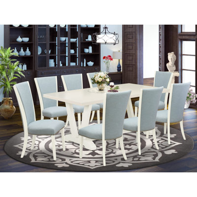 Ensemble de table de cuisine 9 pièces - 8 chaises de salle à manger en tissu de lin bleu bébé avec têtes de clou et table de cuisine moderne - Lin brossé blanc