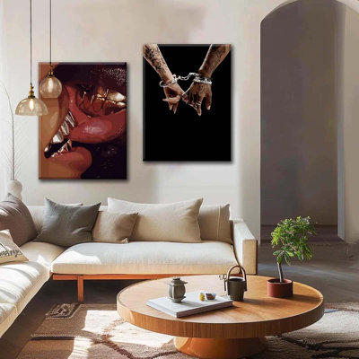 Framed 2Pcs Black Couple Canvas Wall Art African American Man And Woman Poster Kiss Holding Hands Picture Print Wedding Gift Bedroom Living Room Studio Bar Ready To Hang 12X16 Inch