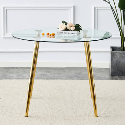 Moderne, table de salle à manger de 40 po de diamètre, verre trempé transparent, pieds en métal doré, pieds transparents pour réunions de famille antidérapantes, idéal pour