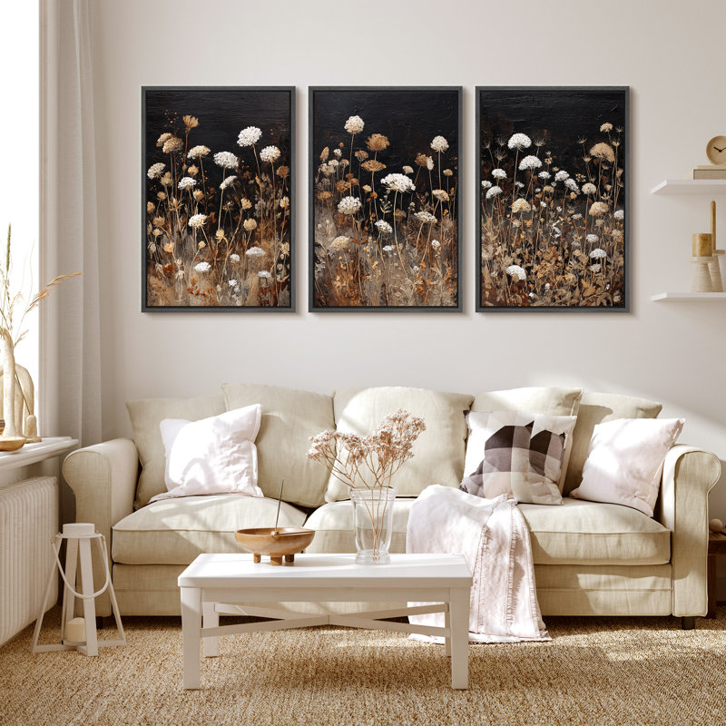Neutral Botanical Meadow with White and Brown Wild Blooms – Pictures Framed Canvas Print 3 Pieces Wall Art, Black Frame