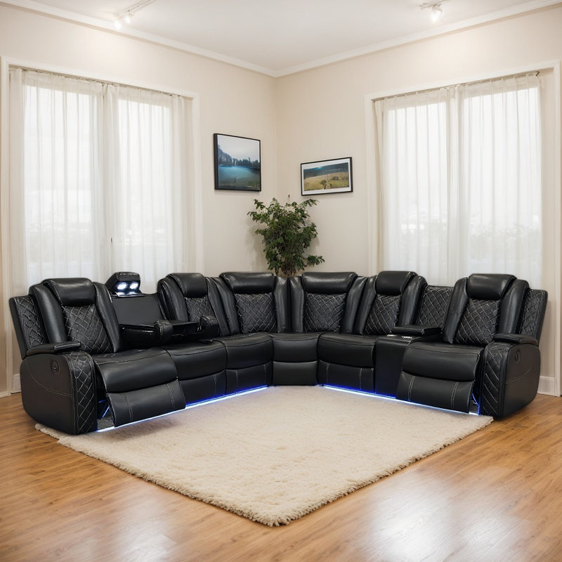 Ensemble de canapé modulaire inclinable en cuir 210 po avec éclairage DEL LULUU 3 pièces