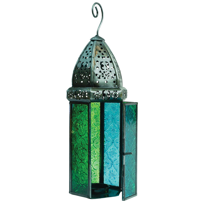 Grande lanterne hexagonale en verre, Vert / Sarcelle