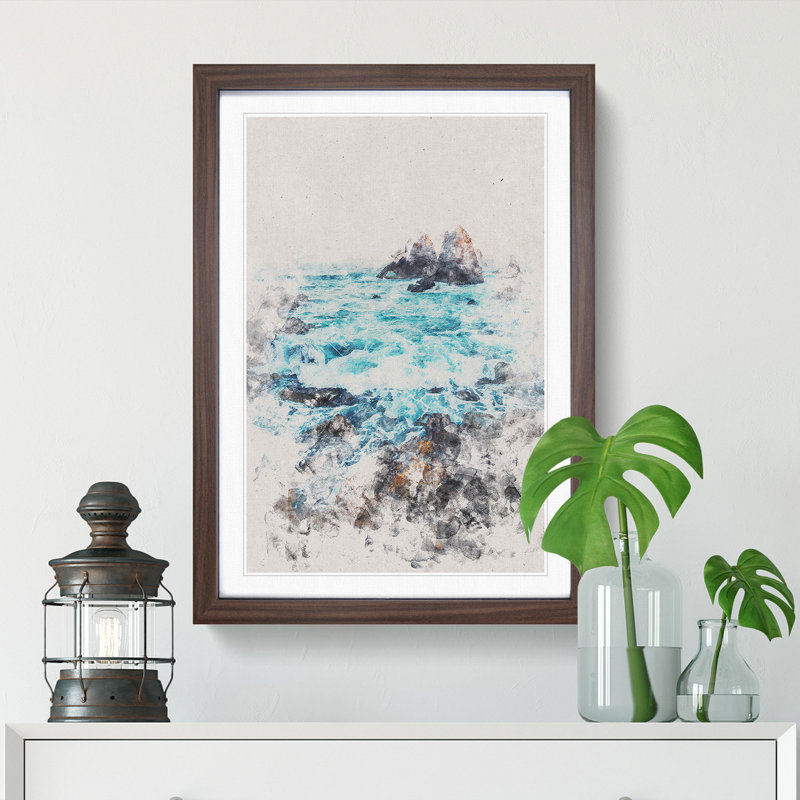 The Ocean Against The Rock - Painting, Walnut Single Picture Frame Wood, 33cm H x 24cm W x 2cm D