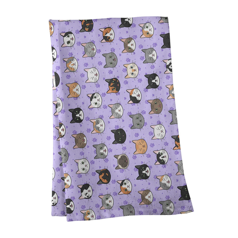 Serviette à thé à motif chat kitty, Sergé de coton, Mauve