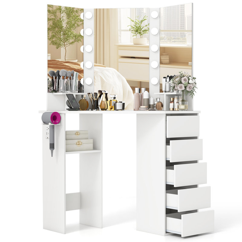 Corner Makeup Vanity Desk Makeup Dresser Table With 3 Color Lighting, White