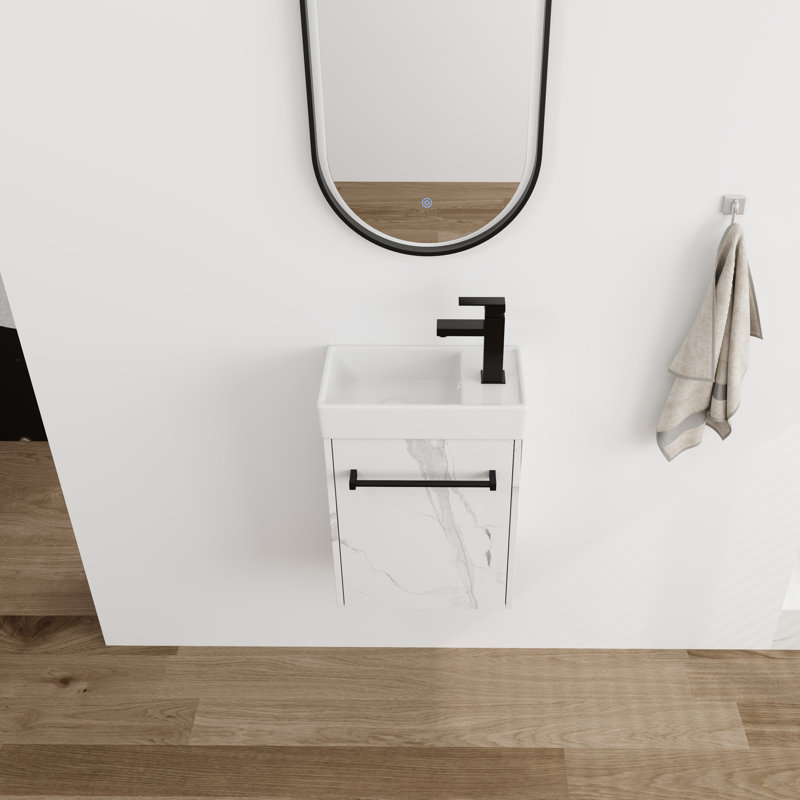 Meuble-lavabo simple 16 po avec plateau en céramique 16 po, Blanc de Carrare