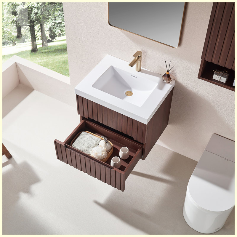 Meuble-lavabo suspendu de 61 cm (24 po) en noyer foncé | Vasque blanche intégrée en acrylique | Armoire en contreplaqué préassemblée avec 2 tiroirs