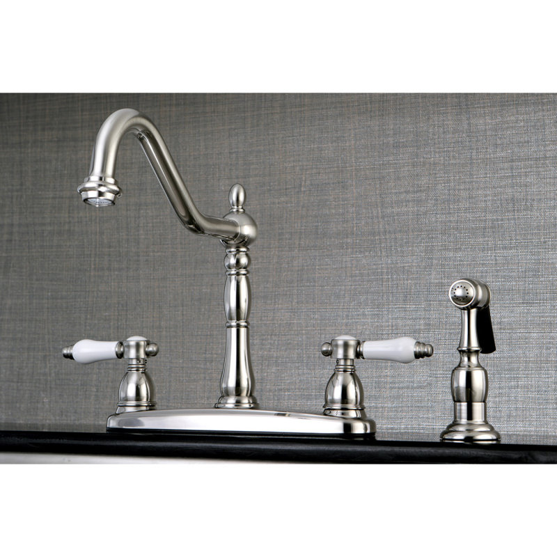 Kingston Brass Bel-Air Two-Handle 4-Hole 8" Centerset Kitchen Faucet with Side Sprayer, Brushed Nickel
