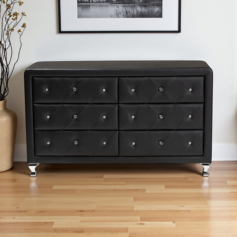 Keldon 6-Drawer Upholstered Black Dresser with Steel Legs, 31.25" H X 52.50" W X 17.96" D, Black