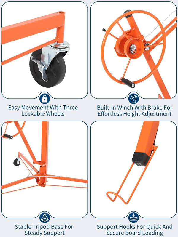Élévateur de cloison sèche 16 pi - Lève-personne à panneau robuste 150 lb avec bras réglable à 360 °, Orange