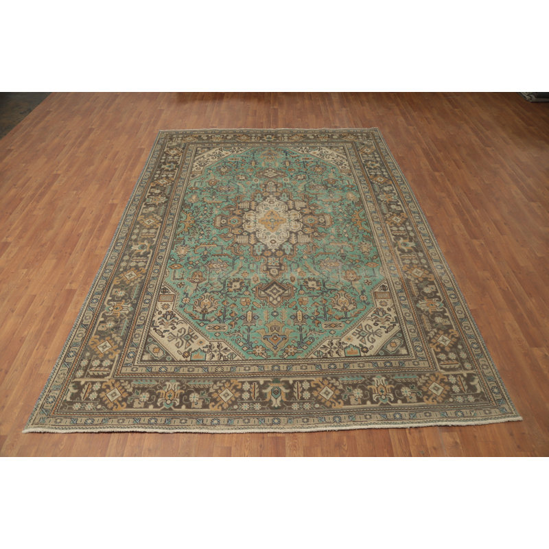Tapis vert fait à la main en laine vert 8 x 11
