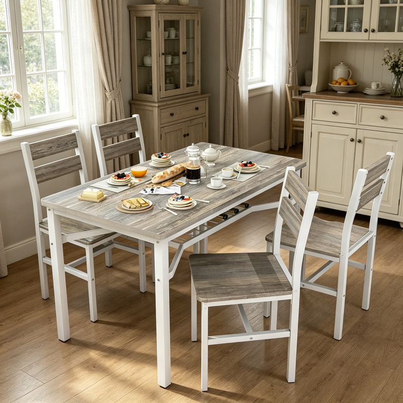 Wood Kitchen Table With Storage, Farmhouse Dining Table Set For 4, Dining Roomtable With Metal Frame And MDF Board,  For Small Space, Easy Assembly