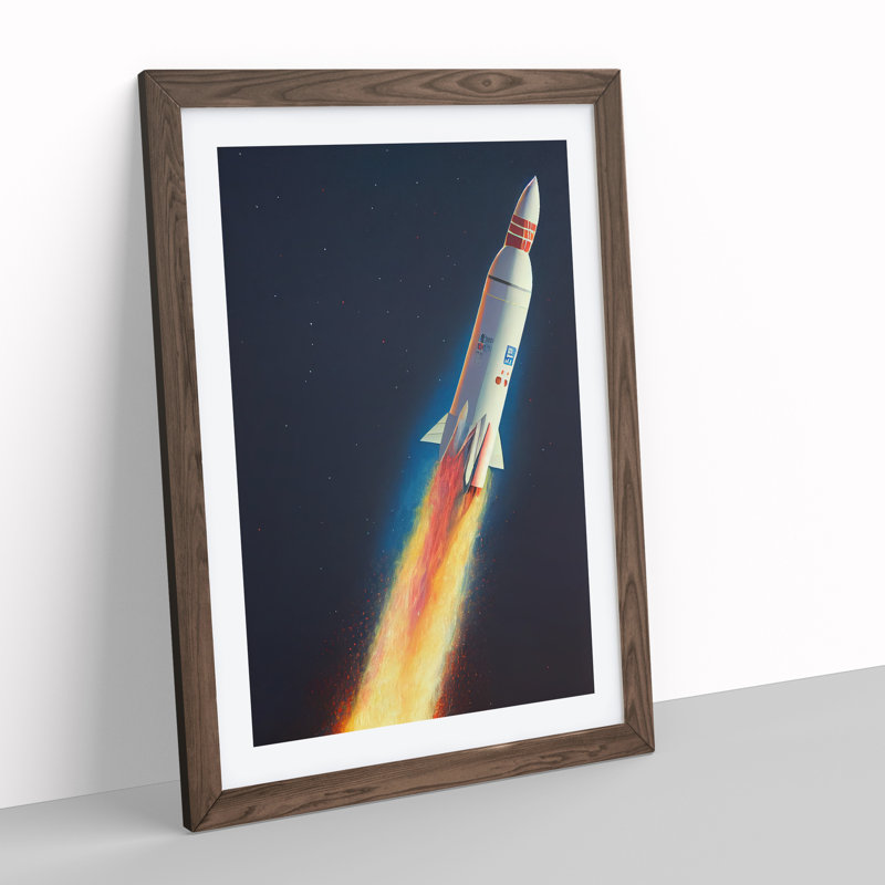 Animated Spaceship Rocket - Single Picture Frame Print, 64cm H x 46cm W x 2cm D, Walnut