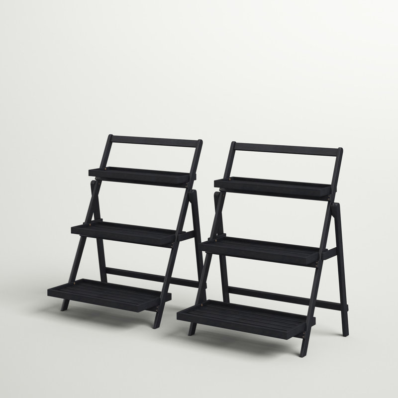 Set of 2 Dark Gray Acacia Wood Foldable Plant Stands