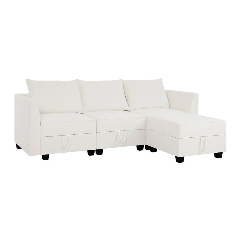 Maeoma Modern Reversible Linen Sectional Sofa Couch with Ottoman, L-Shaped Modular Convertible Sofa, White 100% Linen