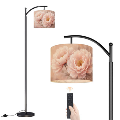 Arc Floor Lamp Soft Blush Peonies Delicate Petals Golden Stamen Pastel Painting Floor Lamps with Remote LED Lights Adjustable Lamp Shades Tall Standing Lamps for Reading Office Living Room