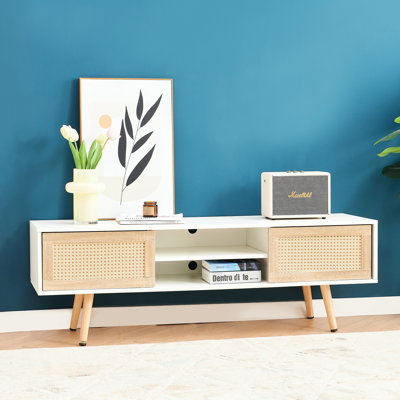 Table télé 54,91 "avec portes coulissantes doubles, tablette réglable, pieds en bois massif, blanc, pour utilisation dans l'armoire de décoration de salon, 54,91", pieds