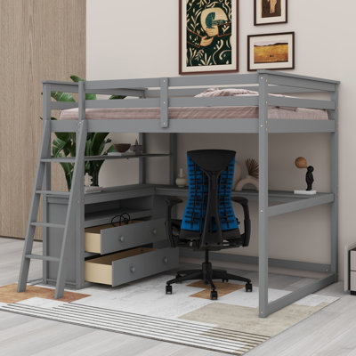 Lit mezzanine en bois de pin avec bureau, deux tiroirs intégrés et tablettes