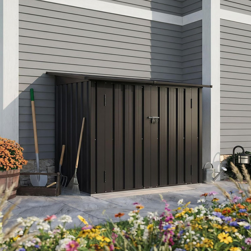 Armoire de rangement extérieure avec tablette, remise en métal de 35 pieds cubes, boîte de rangement pour outils toutes saisons avec couvercle hydraulique, portes verrouillables pour garage de patio, noir