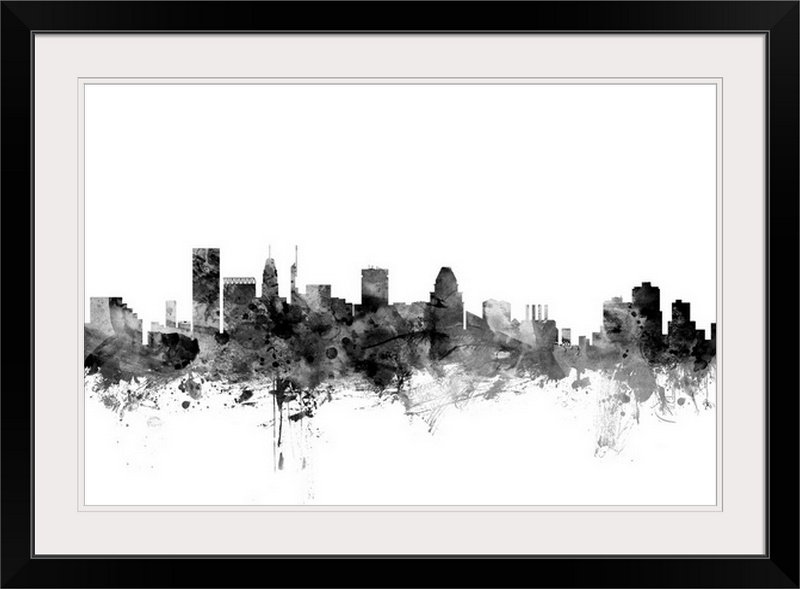 «Baltimore Maryland Skyline» par Francy, impression, Cadre noir, H 24 po x l 32 po x P 1 po