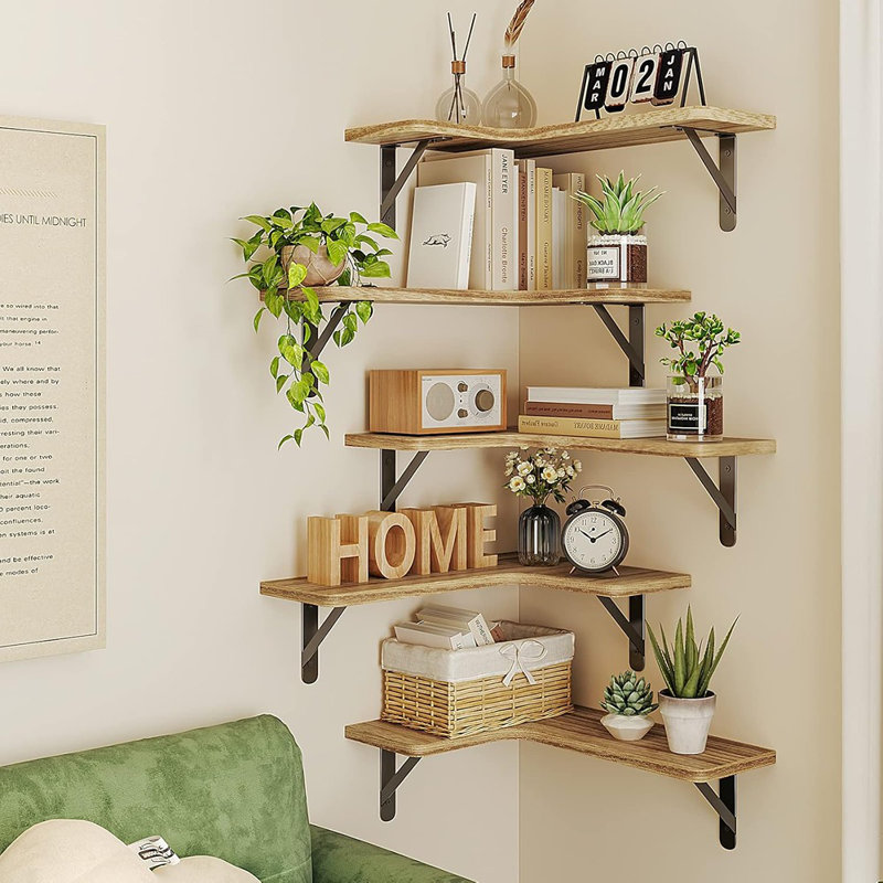 Corner Floating Shelves Set Of 5, Rustic Wood Wall Mounted Corner Shelf For Bathroom, Kitchen, Bedroom, Home Decor, Laundry Room, Living Room(carbonized Black)