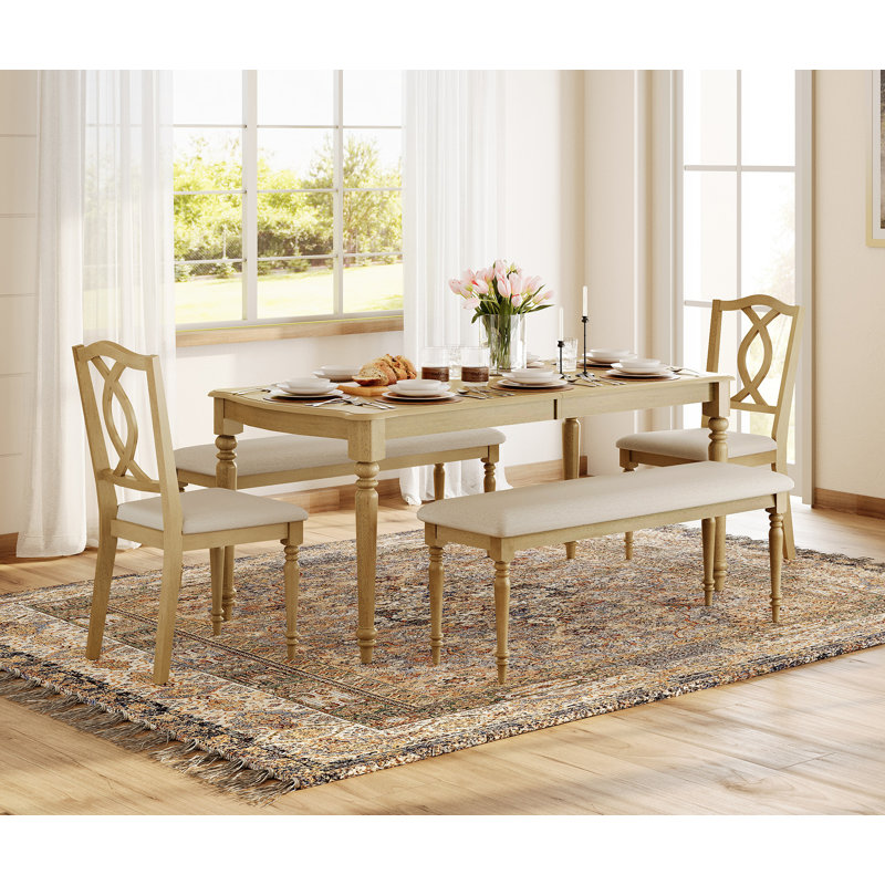 Ensemble de table de salle à manger 5 pièces - Comprend une table de salle à manger, deux bancs rembourrés, deux chaises de salle à manger en bois, un ensemble de salle à manger de style campagne, chêne