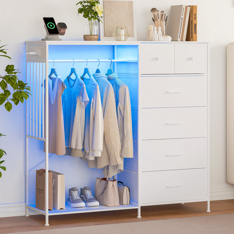 White 6-Drawer Dresser with Hanging Rack, LED Lights & Charging Station – Reversible Fabric Chest, Open Wardrobe Storage Cabinet for Bedroom, Kids or Girls Room – UK Spec
