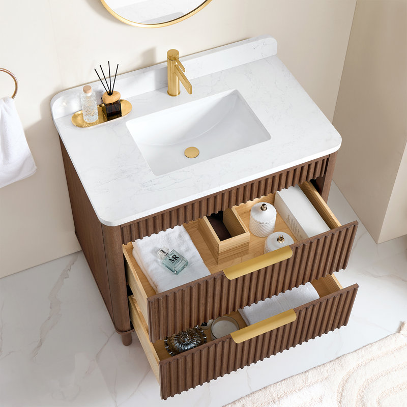 Meuble-lavabo simple 36 po Mumbai, Or brossé, Chêne brun foncé vieilli, 36"