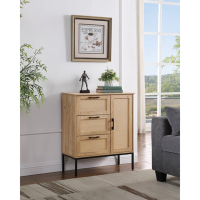 Armoire de rangement de style Mid-Century: 3 tiroirs, portes en rotin, tablettes réglables, idéale pour le salon et la salle à manger, facile à installer