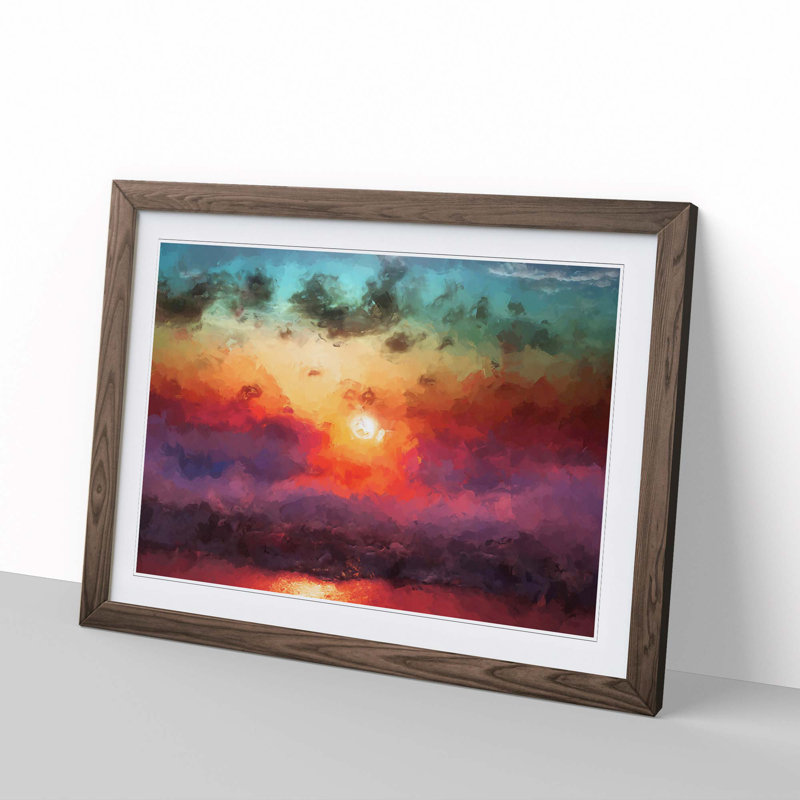 Rainbow Sunset over the Ocean in Abstract - Picture Frame Painting Print, 40cm H x 60cm W x 2cm D, Walnut