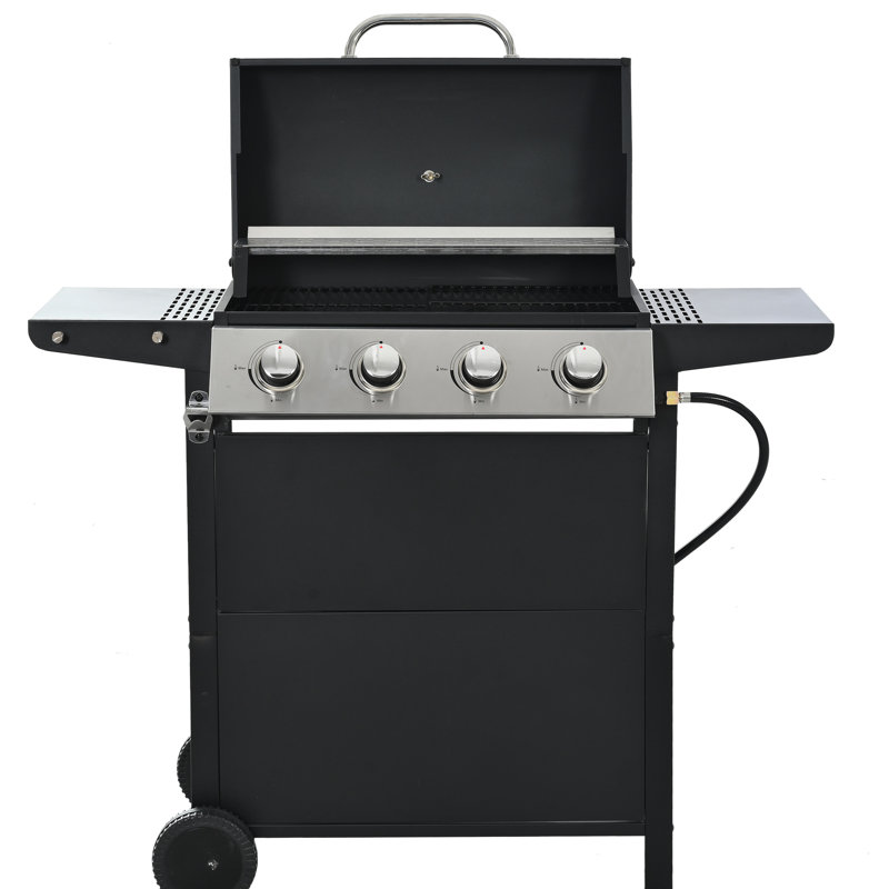 Barbecue au propane à 4 brûleurs, en acier inoxydable 34 000, avec couvercle, deux tablettes et roulettes transportables pour la terrasse