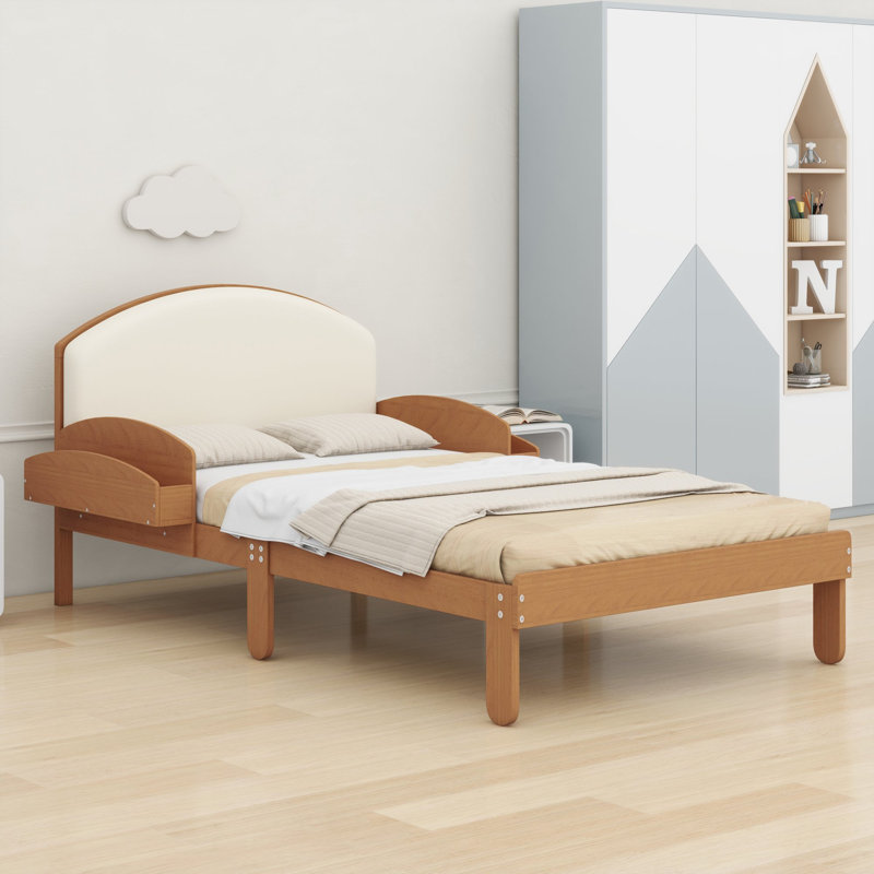 Cadre de lit avec tête de lit rembourrée incurvée et étagères de rangement latérales pour les chambres modernes, Lit simple