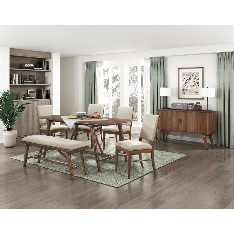 Ensemble de salle à manger rectangulaire 6 pièces brun avec banc et chaises rembourrées pour la salle à manger