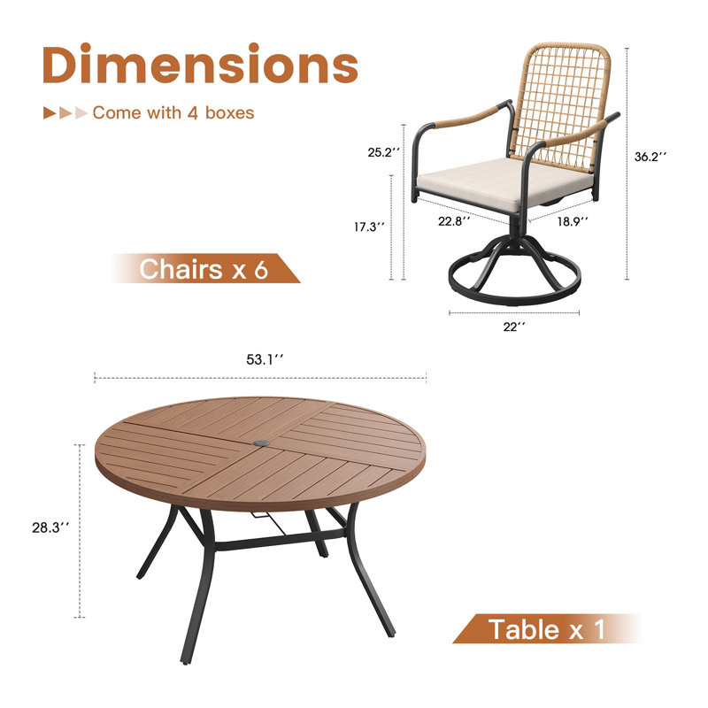 6-Person 53" Round Outdoor Dining Set With Cushioned Swivel Woven Rattan Chairs, Brush Wood Brown