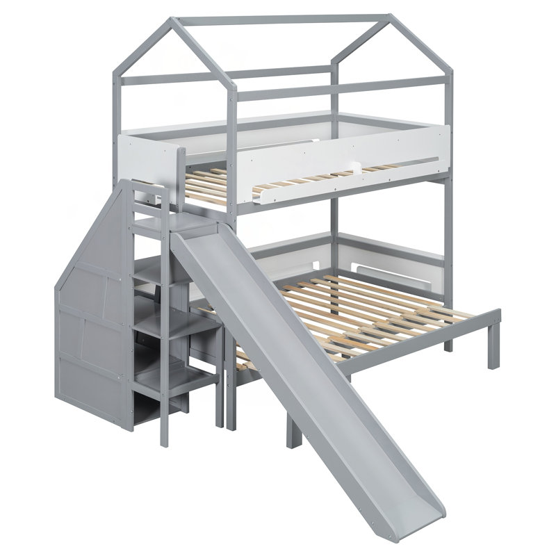 Lit superposé en bois en forme de maison avec toboggan et escalier de rangement, Grey/White