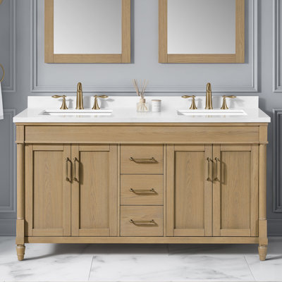 OVE Decors Salisbury Meuble-lavabo autoportant en bouleau naturel double avec lavabo en marbre blanc