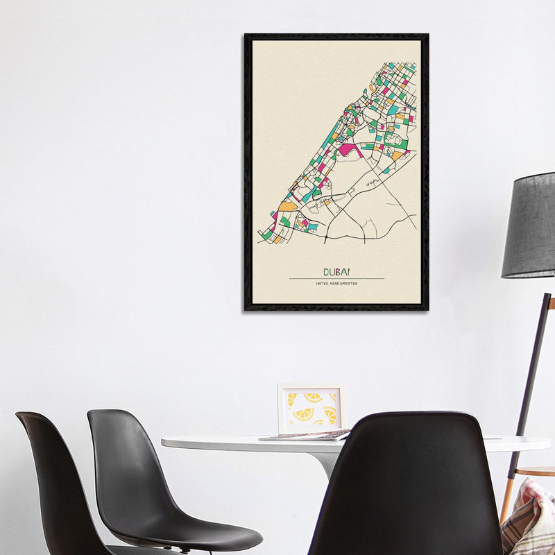 Dubai, United Arab Emirates Map by Ayse Deniz Akerman - Floater Frame Print on Canvas, Black Floater Frame
