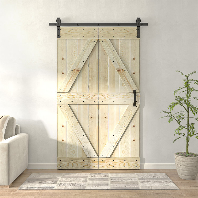 80''H Embossing Knotty Pine Wood Bi- Fold Barn Door With Hardware Kit, Unfinished, 36" x 80"