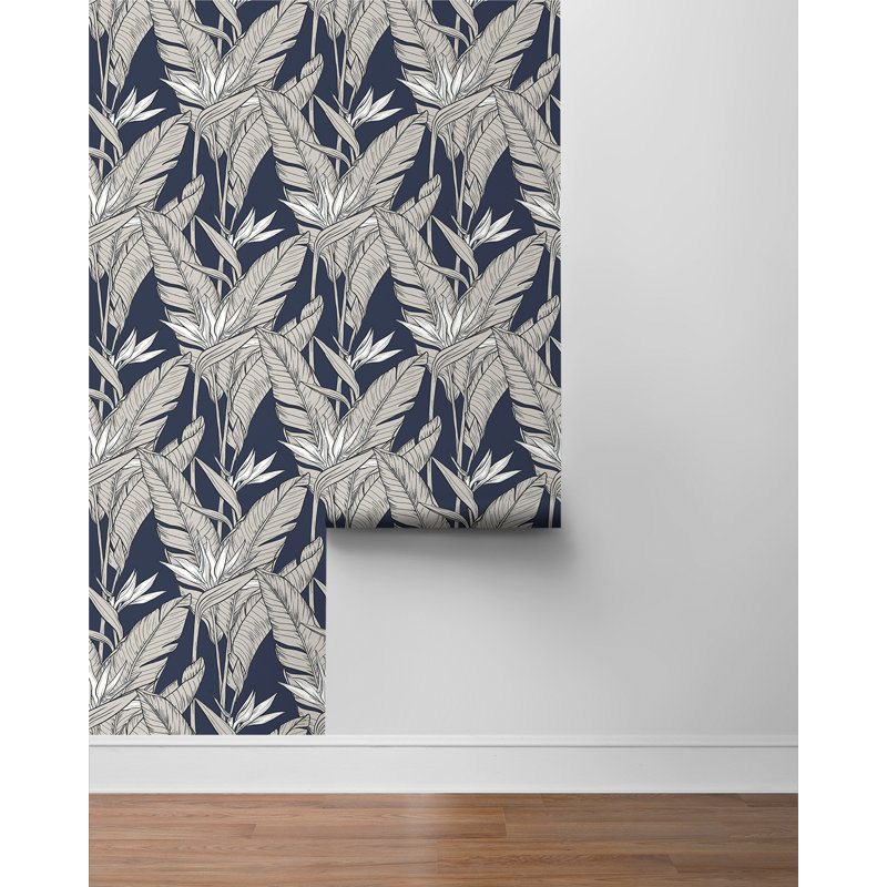 The Sojourn Floral Vinyl Peel & Stick Metallic Wallpaper Roll, Navy Blue/Metallic Pewter