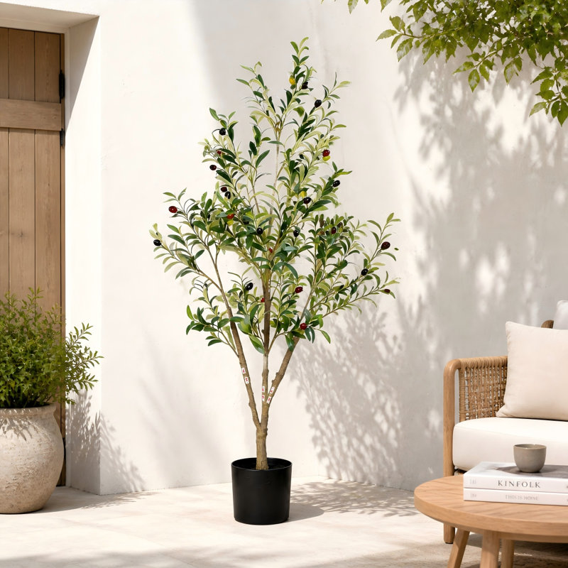 60" Artificial Olive Tree In Black Plastic Pot, 1Pc/Set