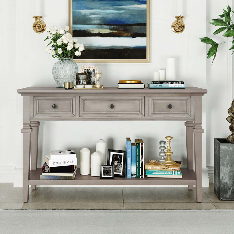 Commode d'appoint avec 3 tiroirs et tablette inférieure ouverte, Gris délavé