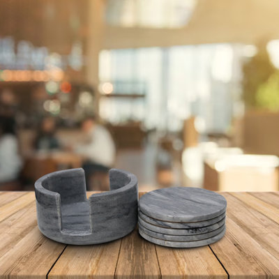 Badal Grey Marble Coasters Set of 5 with Holder, 3.75" Round Drink Coasters, Natural Stone Table Décor